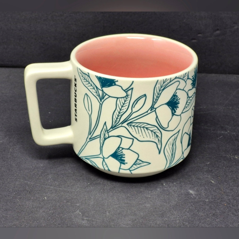 Starbucks Teal Floral Coffee Mug With Pink Interior